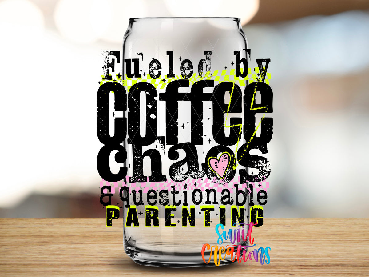 Fueled by Coffee design close-up on a clear glass can tumbler
