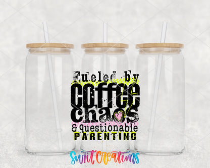 Fueled by Coffee clear glass tumbler group mockup with bamboo lids and straws