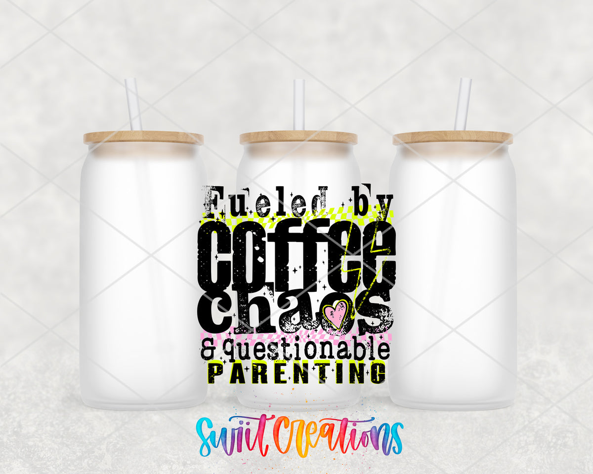 Fueled by Coffee frosted glass tumbler group view with lids and straws