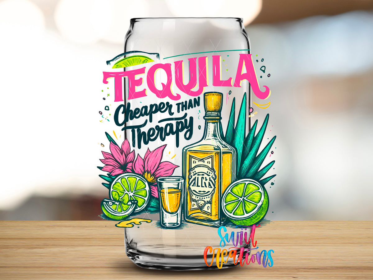 Tequila Is Cheaper Than Therapy design close-up on a clear glass can tumbler