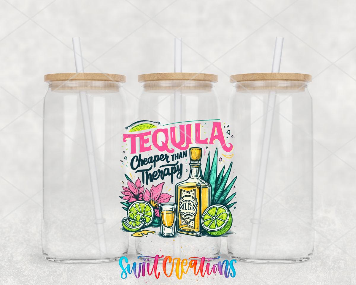 Tequila Is Cheaper Than Therapy clear glass tumbler group mockup with bamboo lids and straws