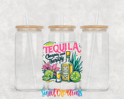 Tequila Is Cheaper Than Therapy clear glass tumbler group mockup with bamboo lids and straws
