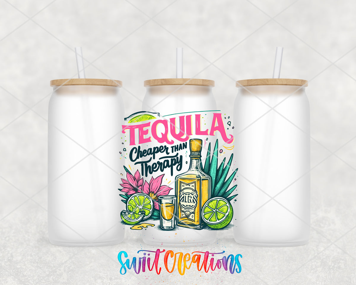 Tequila Is Cheaper Than Therapy frosted glass tumbler group view with lids and straws