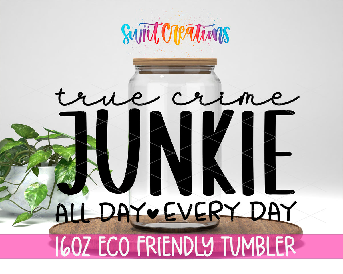 True Crime Junkie design on a 16 oz clear glass tumbler with bamboo lid