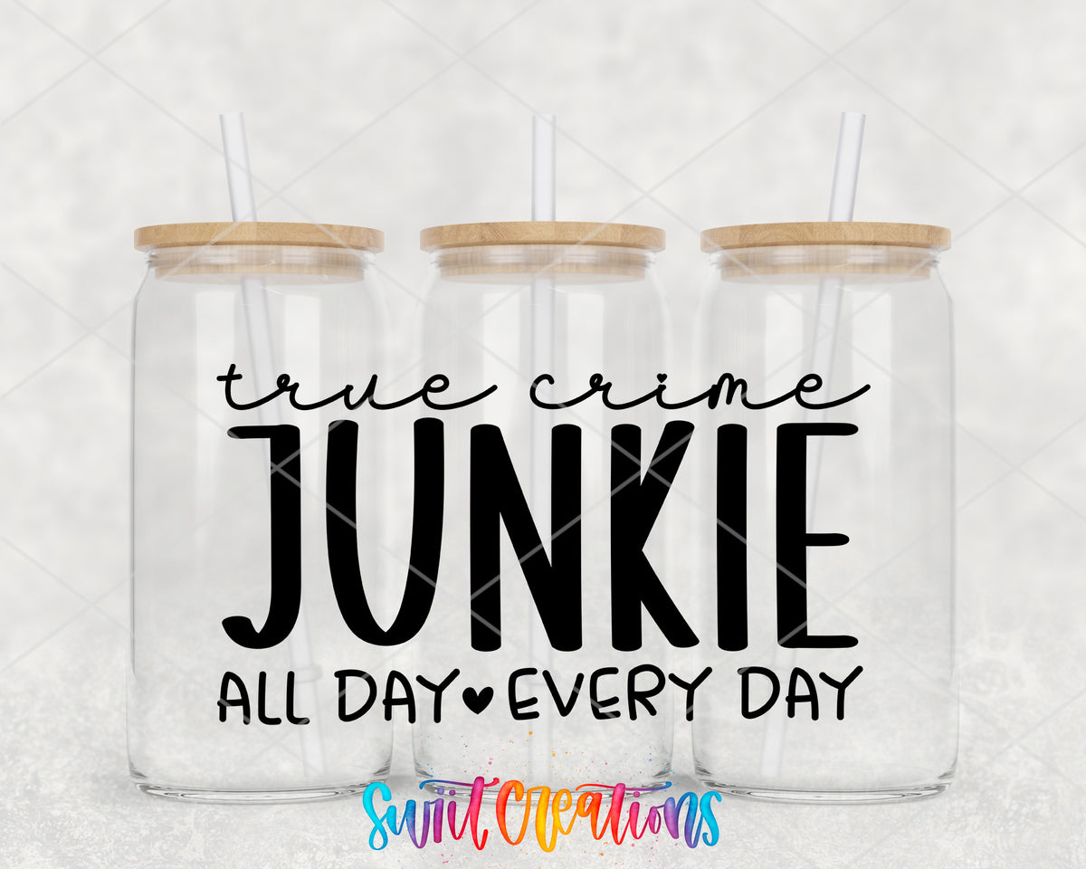 True Crime Junkie clear glass tumbler group mockup with bamboo lids and straws