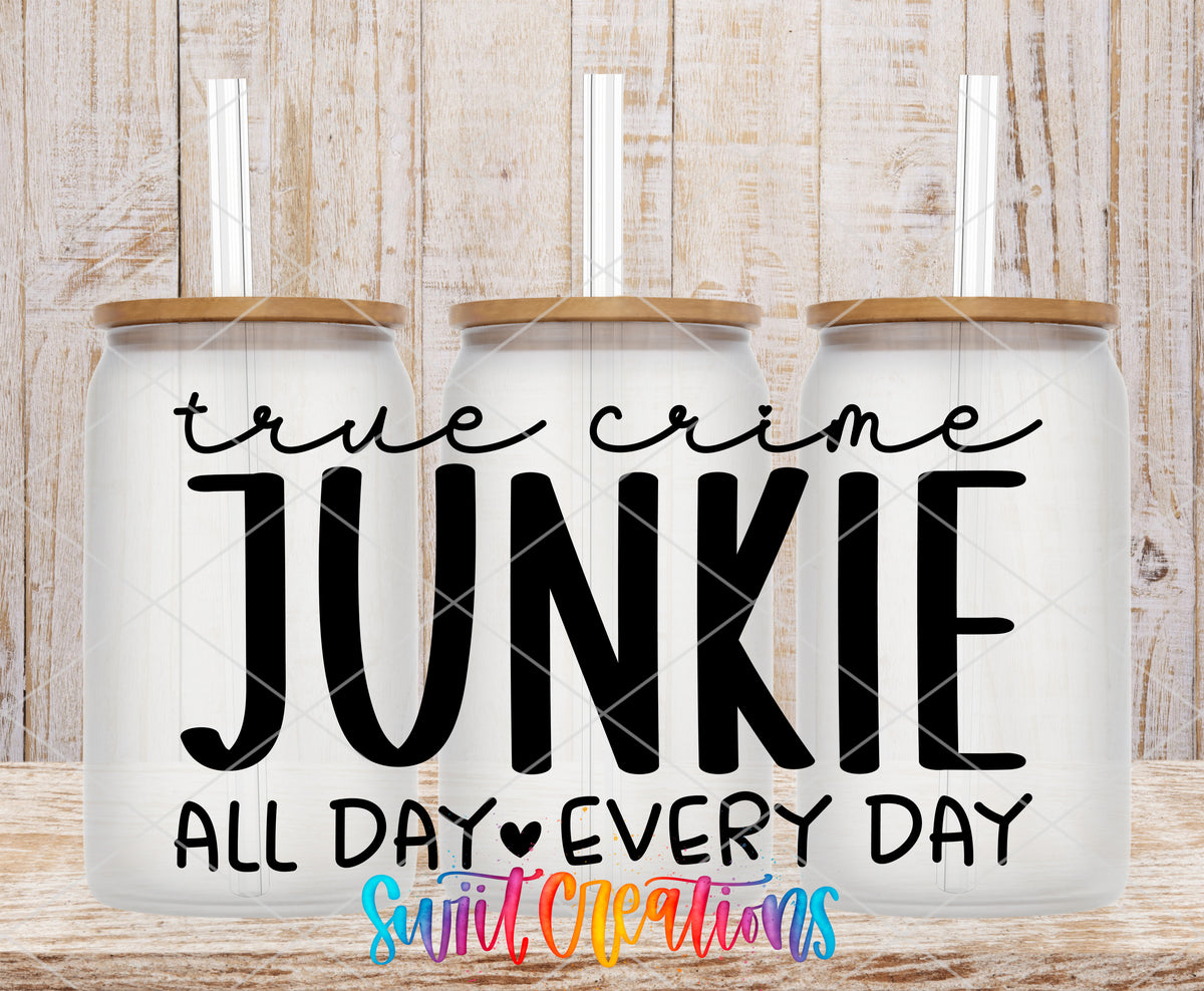 True Crime Junkie frosted glass tumbler mockup with bamboo lids and straws