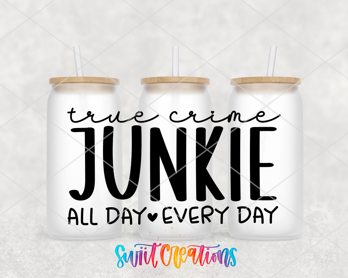 True Crime Junkie frosted glass tumbler group view with lids and straws