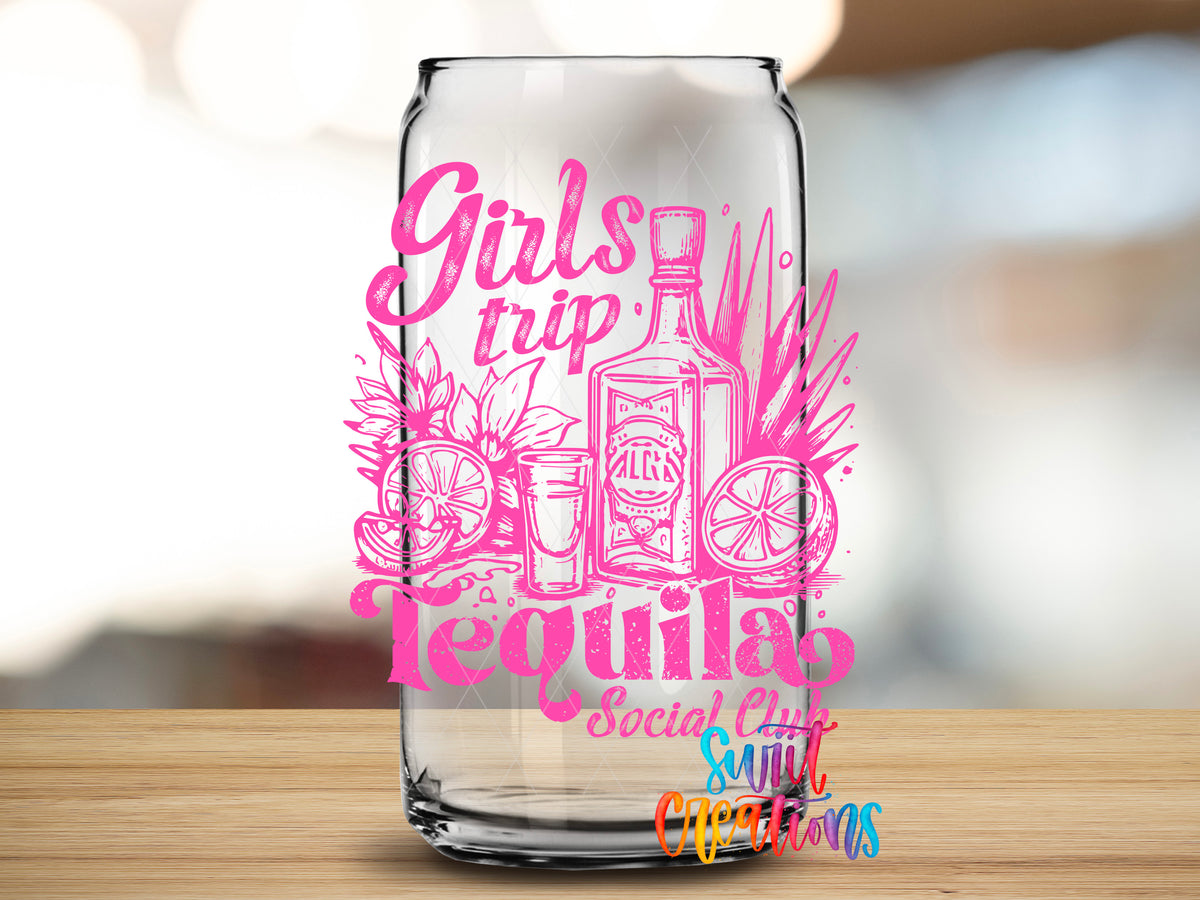 Girls Trip Tequila design close-up on a clear glass can tumbler