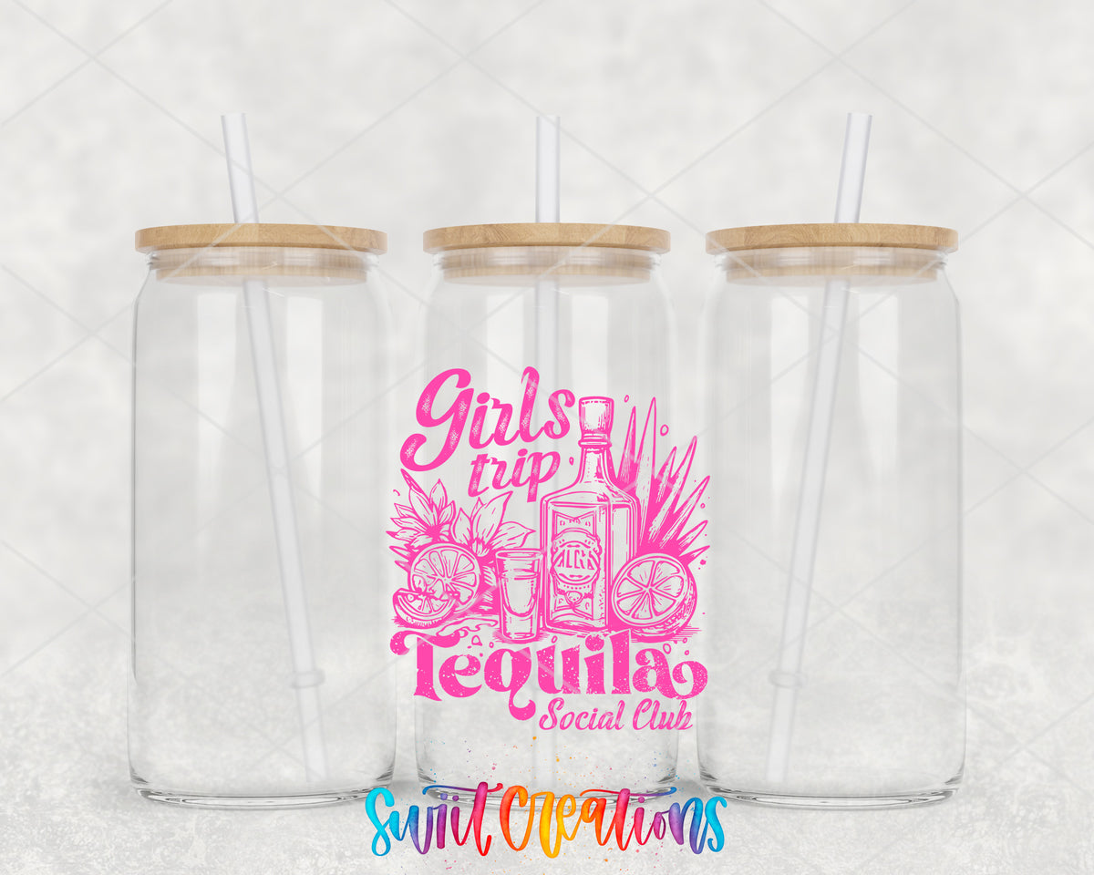 Girls Trip Tequila clear glass tumbler group mockup with bamboo lids and straws