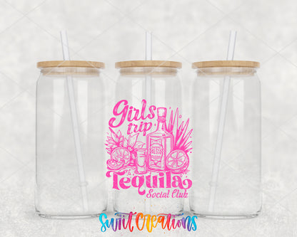 Girls Trip Tequila clear glass tumbler group mockup with bamboo lids and straws