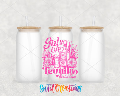 Girls Trip Tequila frosted glass tumbler group view with lids and straws