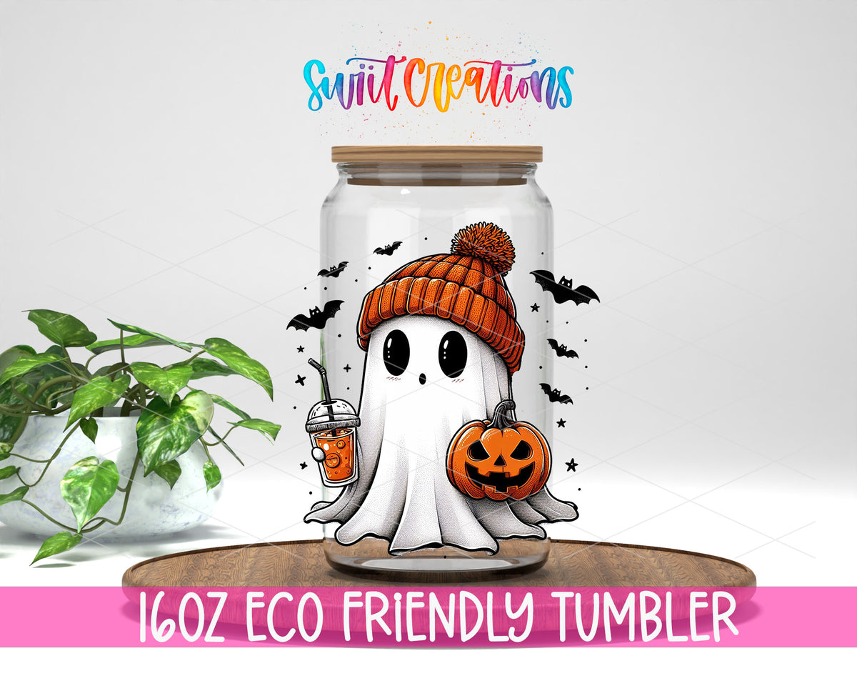 Cute Ghostie design on a 16 oz clear glass tumbler with bamboo lid