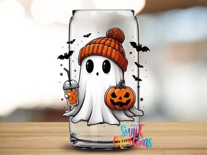 Cute Ghostie design close-up on a clear glass can tumbler