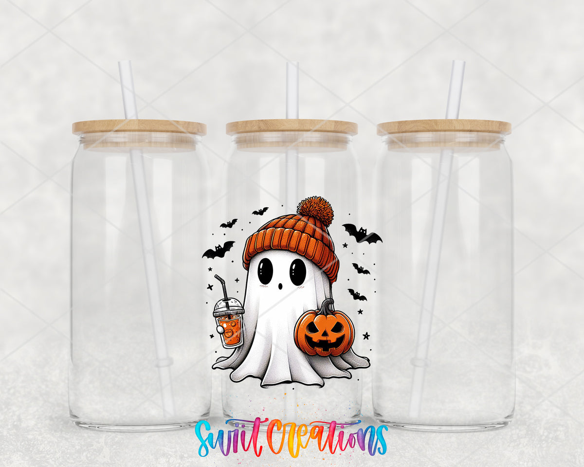 Cute Ghostie clear glass tumbler group mockup with bamboo lids and straws