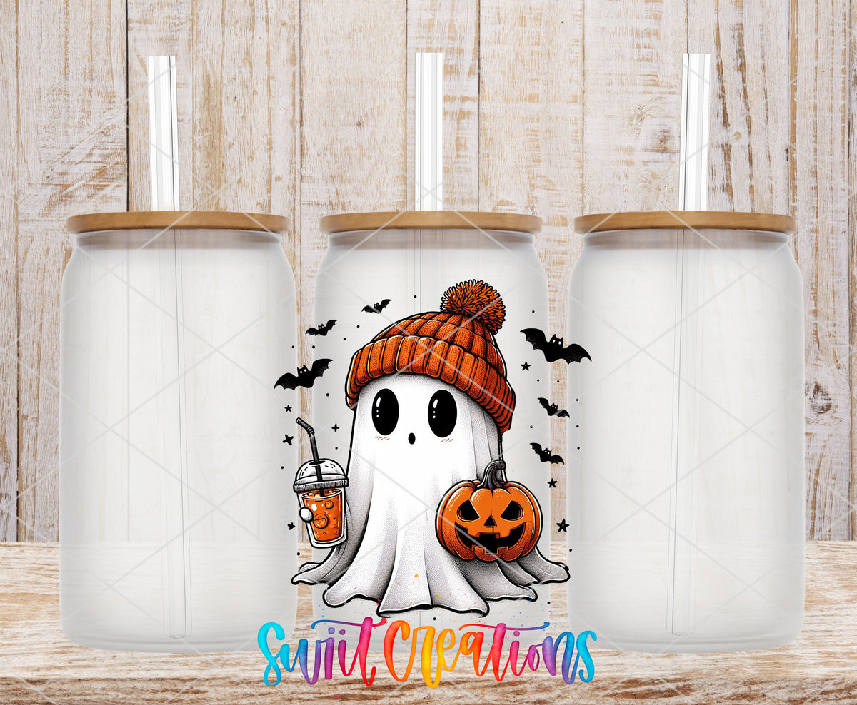 Cute Ghostie frosted glass tumbler mockup with bamboo lids and straws