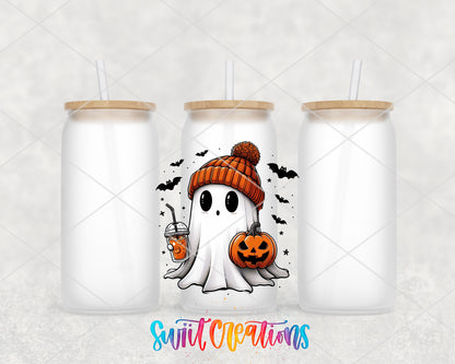 Cute Ghostie frosted glass tumbler group view with lids and straws