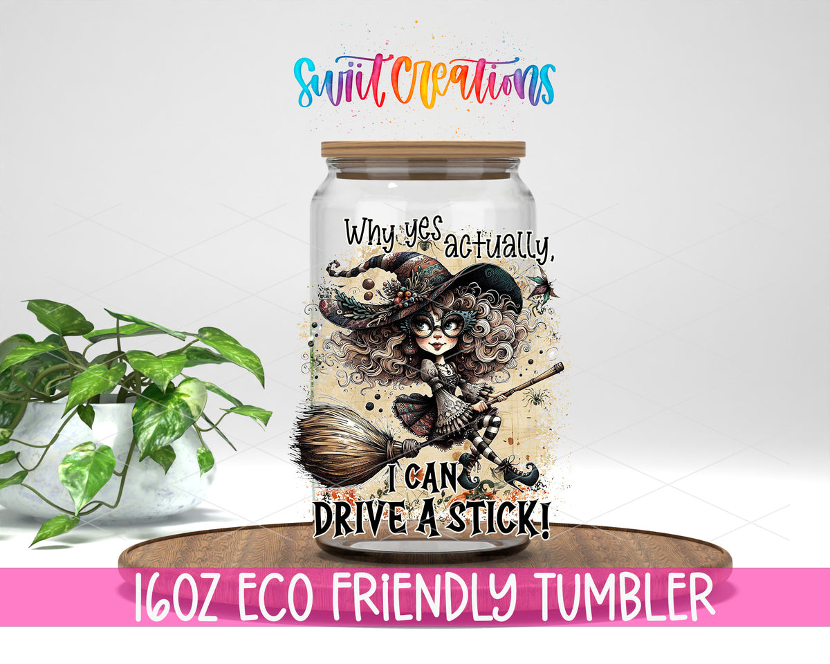 Why Yes Actually design on a 16 oz clear glass tumbler with bamboo lid