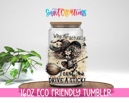 Why Yes Actually design on a 16 oz clear glass tumbler with bamboo lid