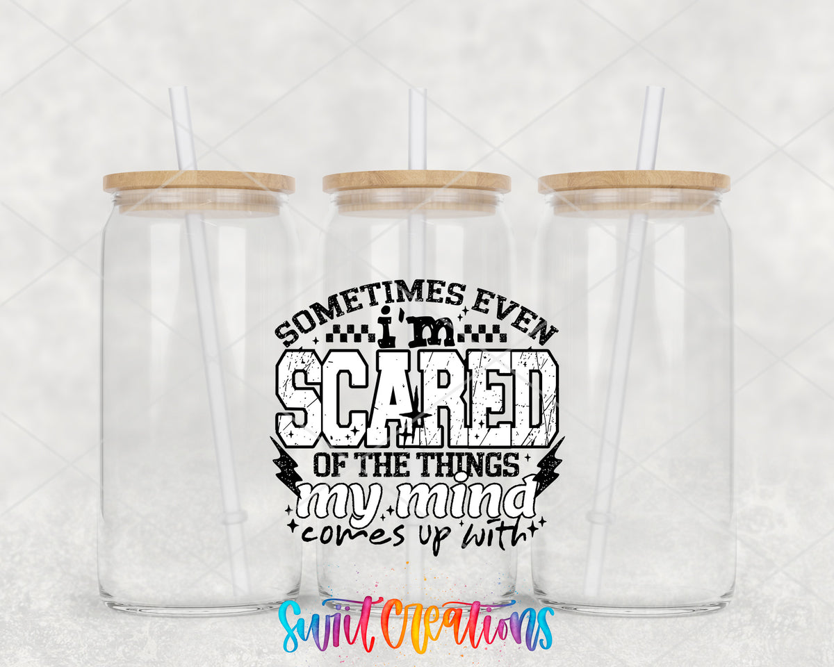 Sometimes Even I'm Scared Black clear glass tumbler group mockup with bamboo lids and straws