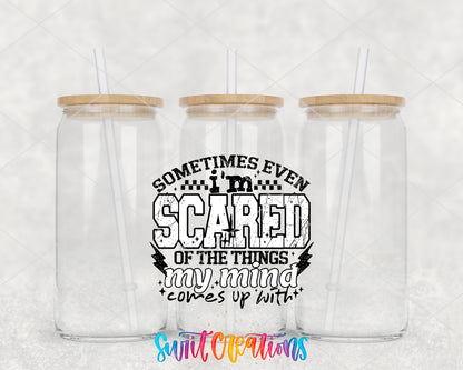 Sometimes Even I'm Scared Black clear glass tumbler group mockup with bamboo lids and straws