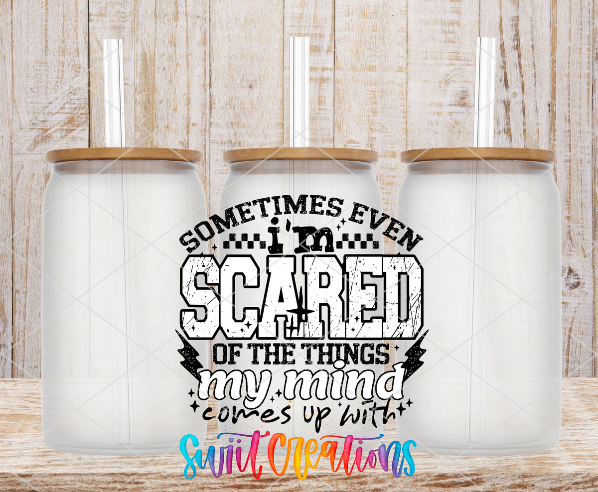 Sometimes Even I'm Scared Black frosted glass tumbler mockup with bamboo lids and straws