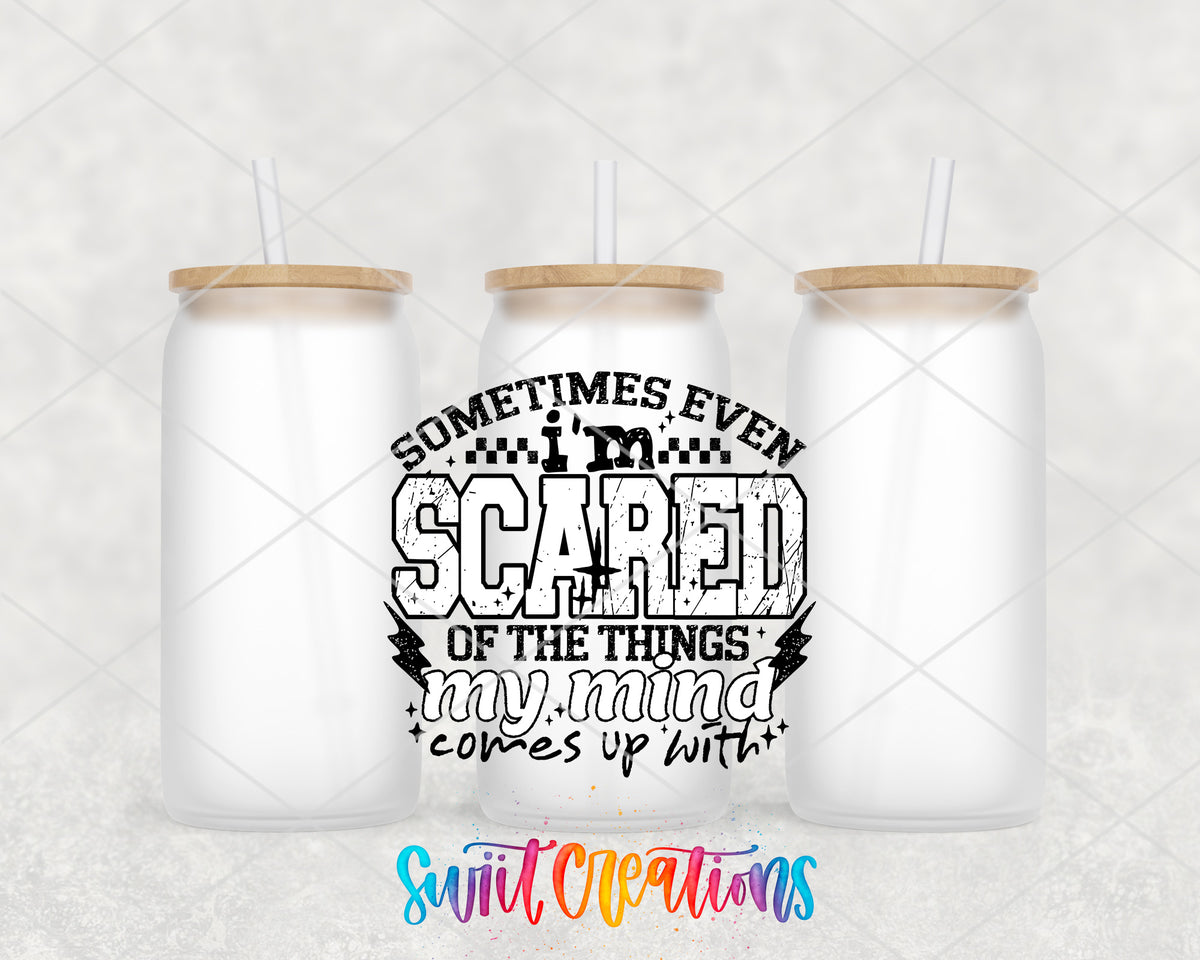 Sometimes Even I'm Scared Black frosted glass tumbler group view with lids and straws