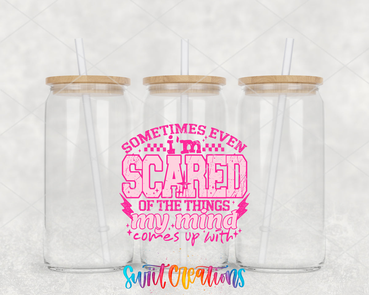Sometimes Even I'm Scared Pink clear glass tumbler group mockup with bamboo lids and straws