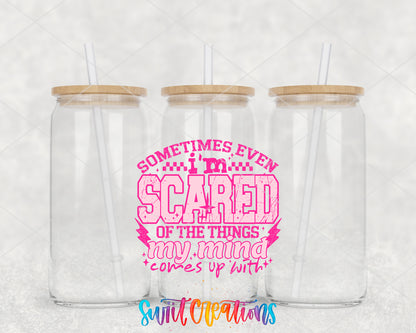 Sometimes Even I'm Scared Pink clear glass tumbler group mockup with bamboo lids and straws