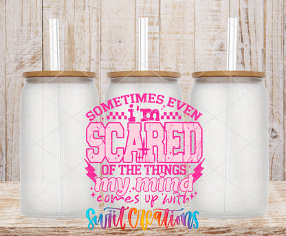 Sometimes Even I'm Scared Pink frosted glass tumbler mockup with bamboo lids and straws