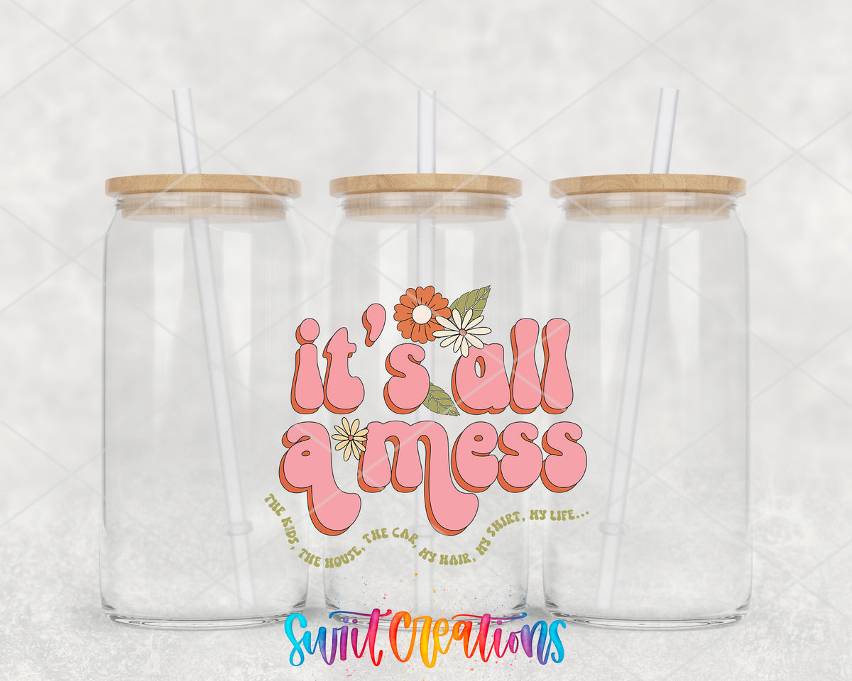 It's All a Mess clear glass tumbler group mockup with bamboo lids and straws