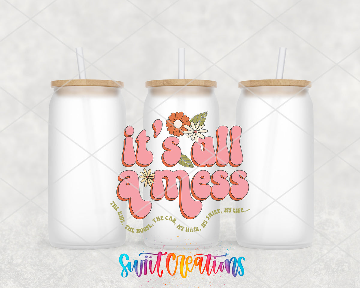 It's All a Mess frosted glass tumbler group view with lids and straws