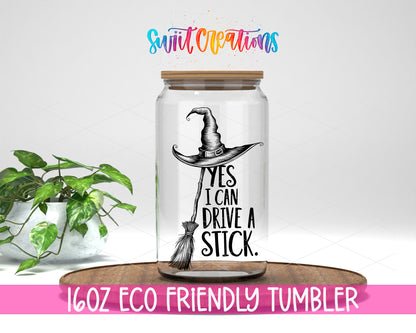 I Can Drive a Stick design on a 16 oz clear glass tumbler with bamboo lid