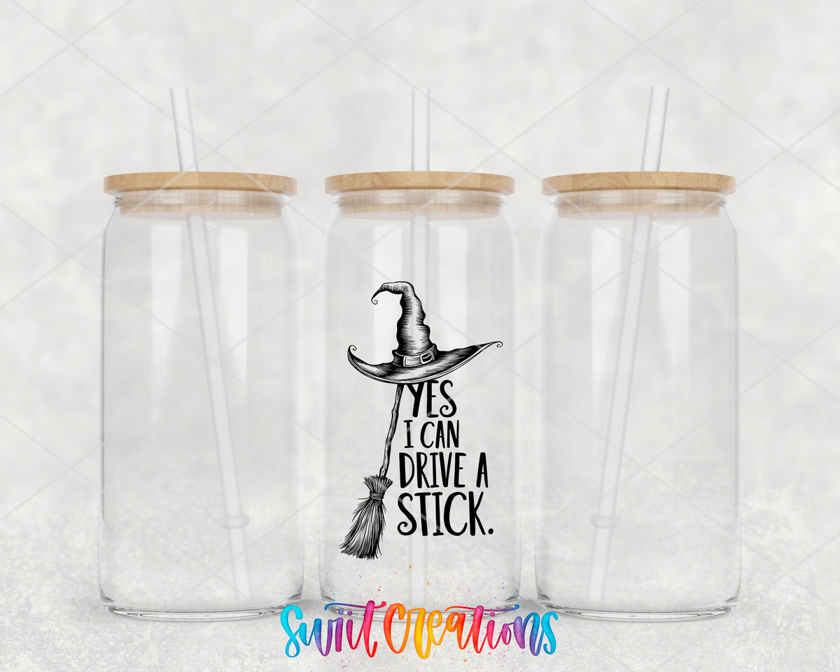 I Can Drive a Stick clear glass tumbler group mockup with bamboo lids and straws
