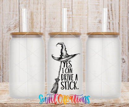 I Can Drive a Stick frosted glass tumbler mockup with bamboo lids and straws