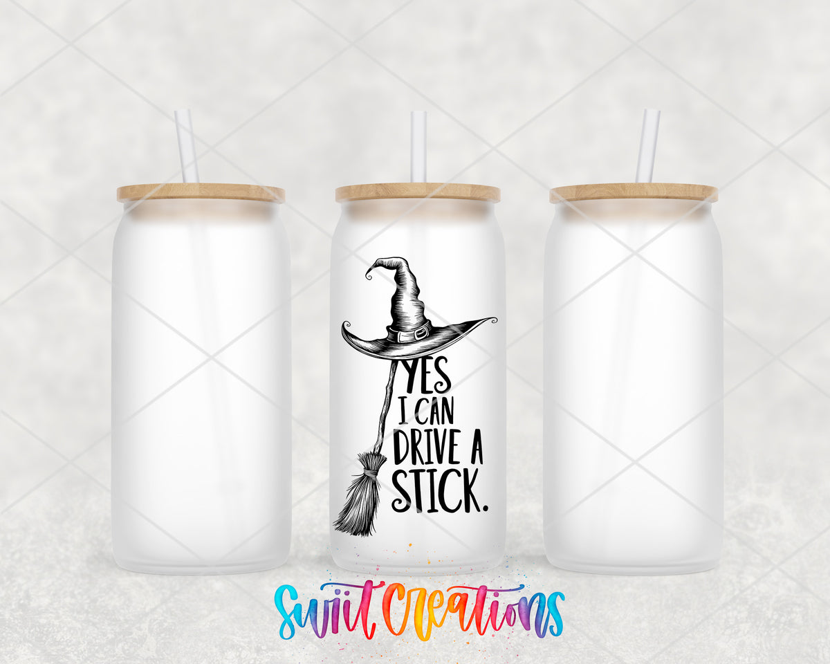 I Can Drive a Stick frosted glass tumbler group view with lids and straws
