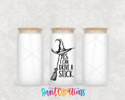 I Can Drive a Stick frosted glass tumbler group view with lids and straws