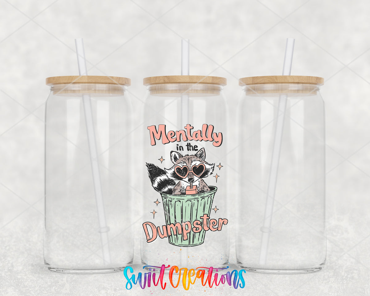 Mentally in the Dumpster clear glass tumbler group mockup with bamboo lids and straws