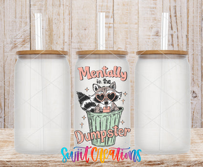 Mentally in the Dumpster frosted glass tumbler mockup with bamboo lids and straws