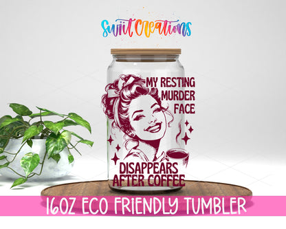 Resting Bitch Face design on a 16 oz clear glass tumbler with bamboo lid