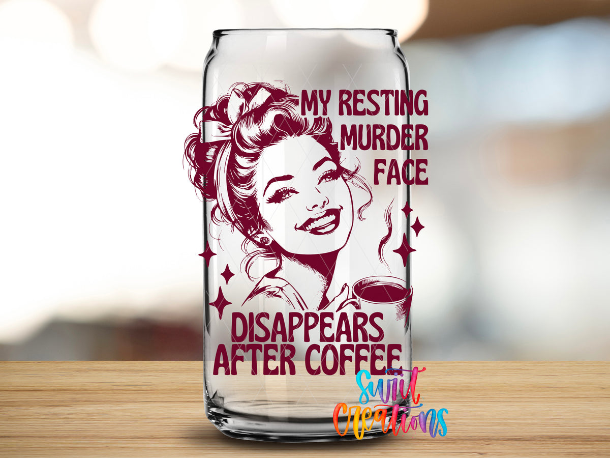 Resting Bitch Face design close-up on a clear glass can tumbler