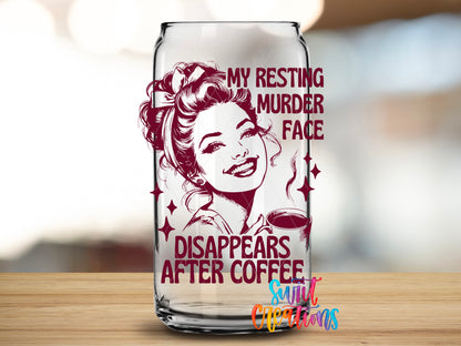 Resting Bitch Face design close-up on a clear glass can tumbler