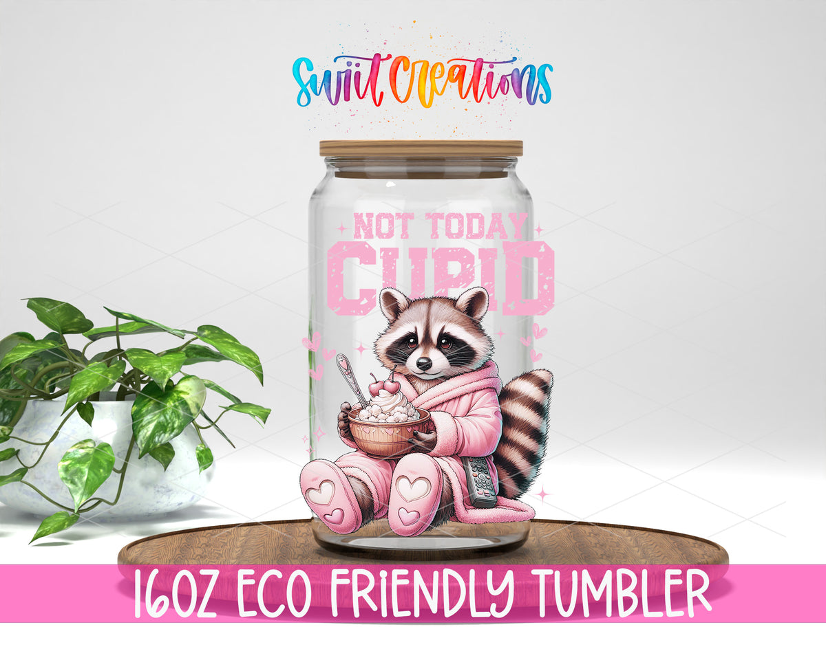 Not Today Cupid design on a 16 oz clear glass tumbler with bamboo lid