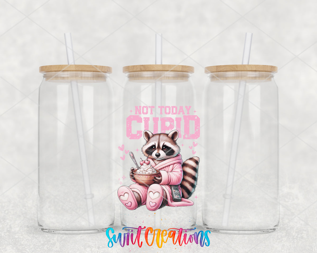 Not Today Cupid clear glass tumbler group mockup with bamboo lids and straws