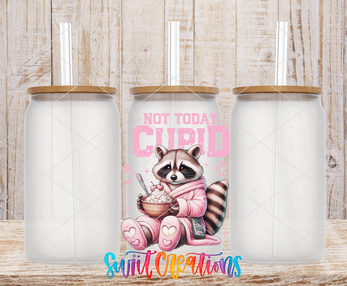 Not Today Cupid frosted glass tumbler mockup with bamboo lids and straws