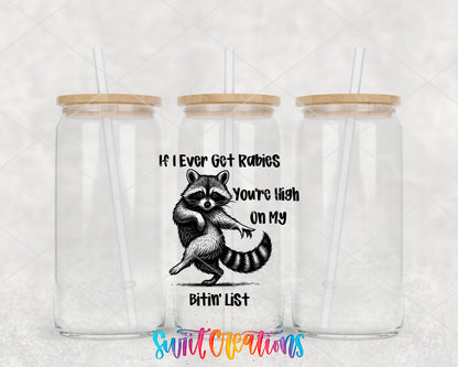 If I Ever Get Rabies clear glass tumbler group mockup with bamboo lids and straws