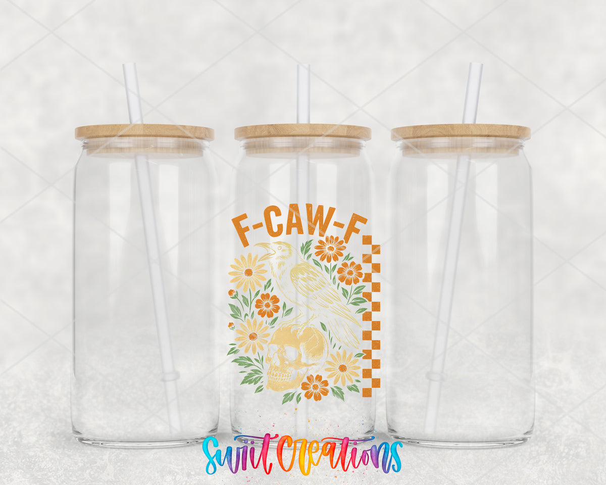 F-Caw-F Floral Crow clear glass tumbler group mockup with bamboo lids and straws