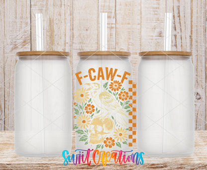 F-Caw-F Floral Crow frosted glass tumbler mockup with bamboo lids and straws
