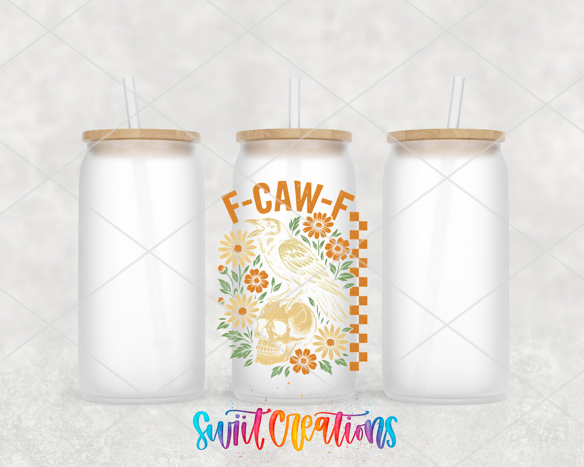F-Caw-F Floral Crow frosted glass tumbler group view with lids and straws