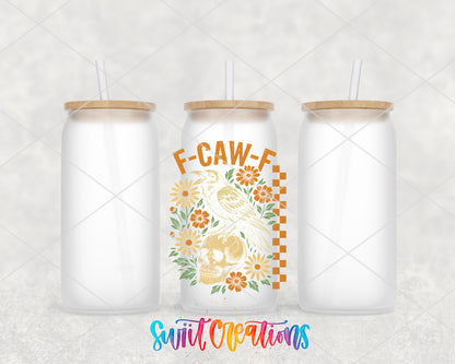 F-Caw-F Floral Crow frosted glass tumbler group view with lids and straws