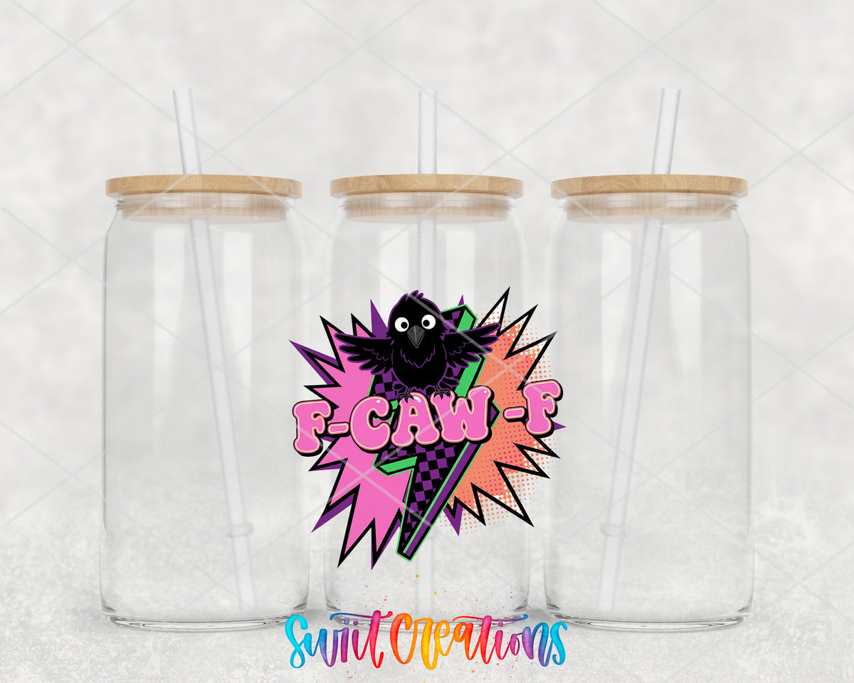 F-Caw-F Colorful Crow clear glass tumbler group mockup with bamboo lids and straws